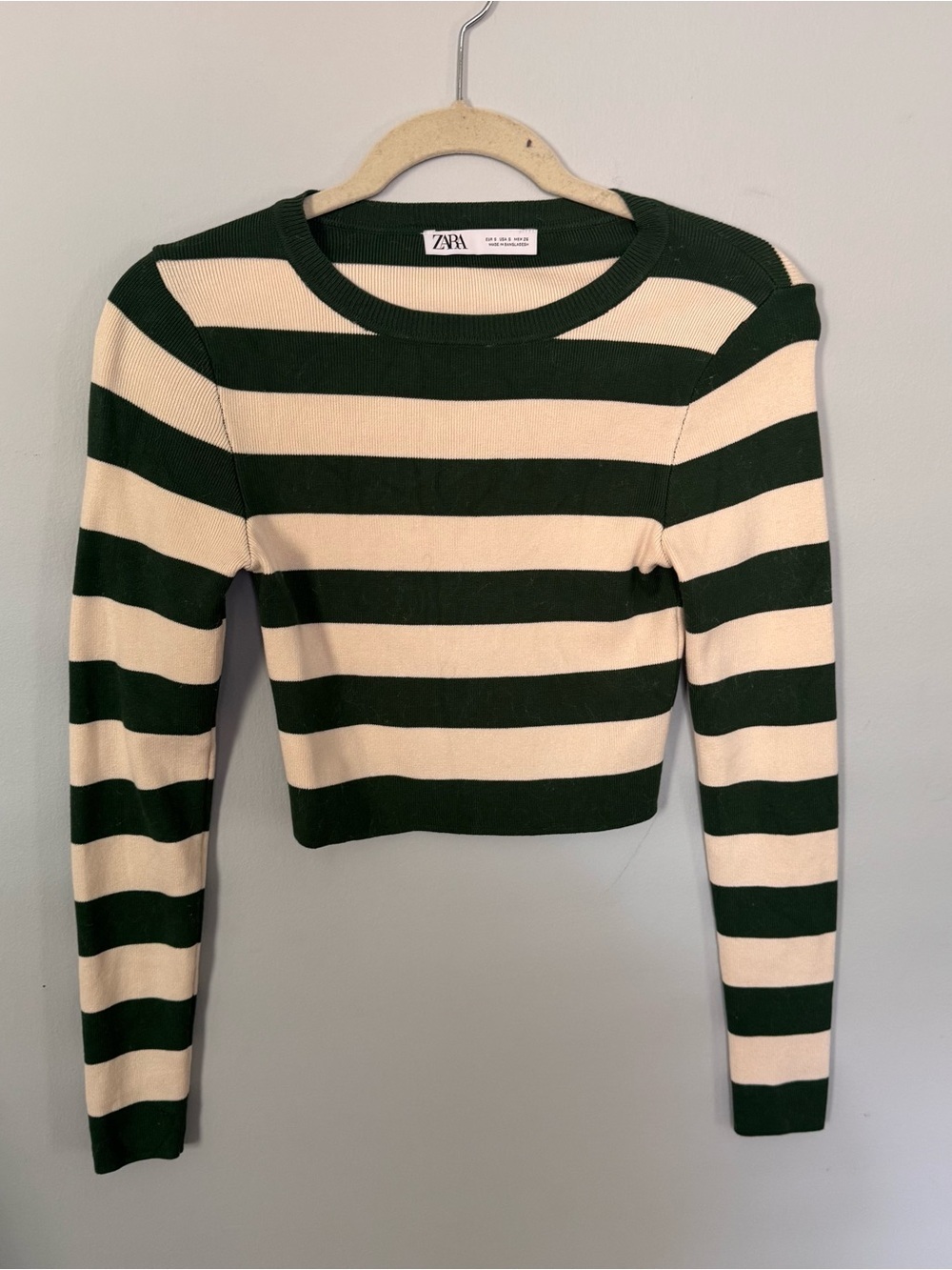 Zara Striped Knit Crop Sweater Green Cream Long Sleeve Ribbed Size Small